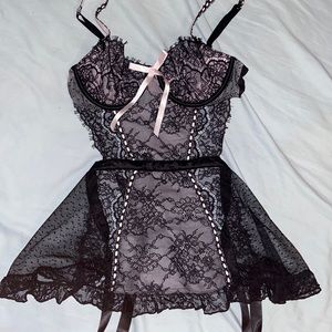 Sexy maid lingerie Victoria’s Secret pink and black slip with underwire bra